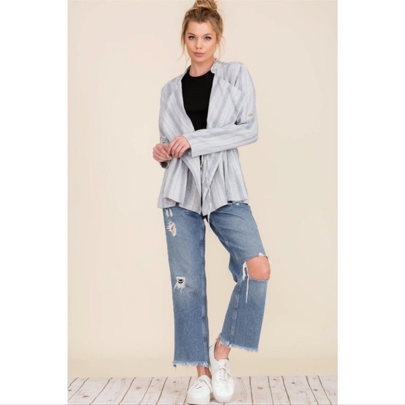 Thread Essentials Soft Lightweight Stripe Linen Jacket M Blue White 9730 - Picture 2 of 10